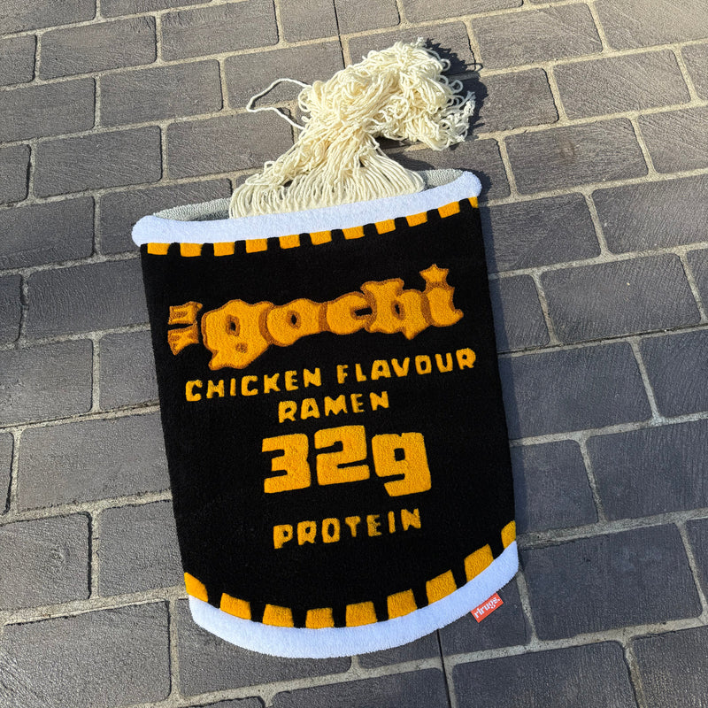 custom cup noodle cup rug with 3d noodles flowing out of the top