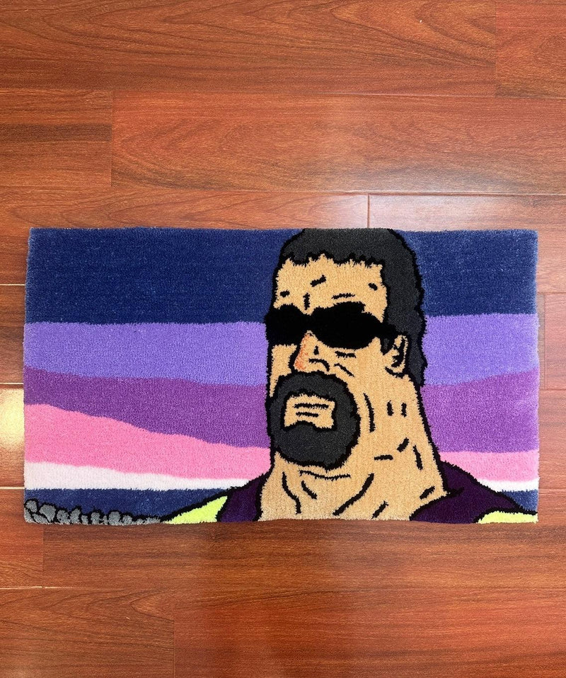 Handmade tufted rug with cartoon man in sunglasses, purple sunset background, on wood floor