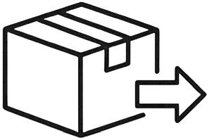 Black outline of a shipping package with an arrow pointing right, delivery icon
