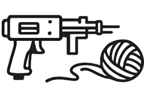 Outline illustration of a tufting gun next to a ball of yarn, symbolizing handmade rug making