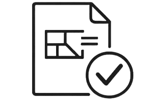 Simple black icon of a document with a chart and a large checkmark overlay